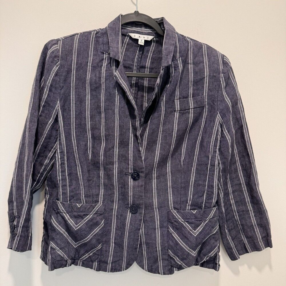 CABI  BLAZER, Ladies Jacket, SZ  6 blue linen stripes 3/4 sleeve